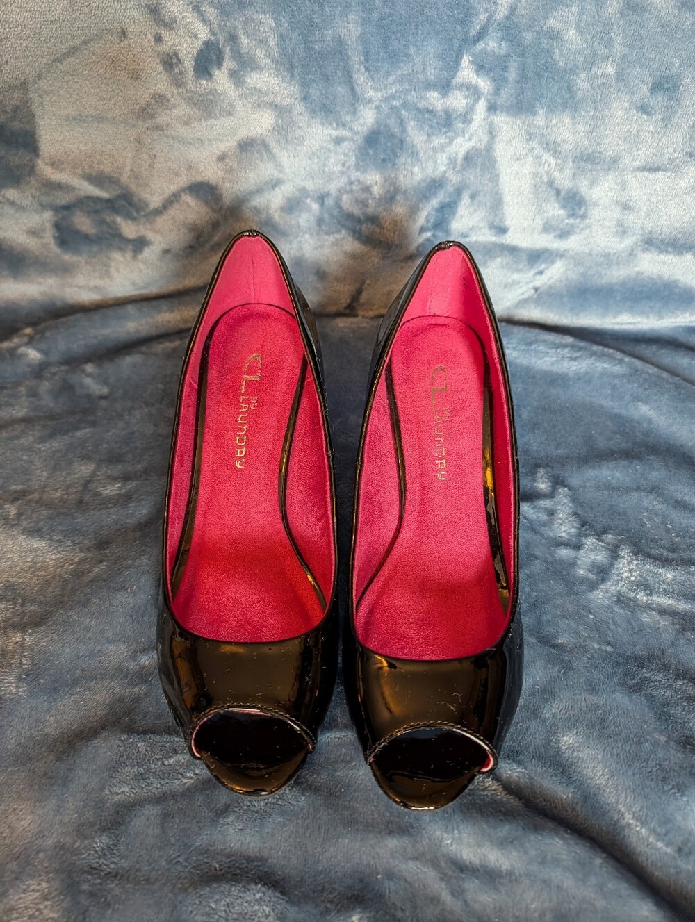 CL by Laundry Black Patent Peep-Toe Heels with Pink Insole